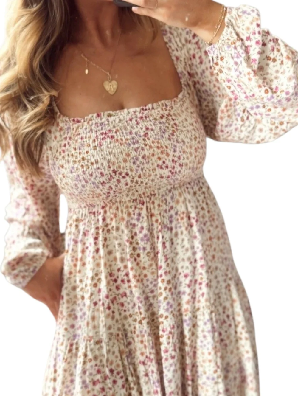 Hem&Thread Smocked Floral Babydoll Dress in Cream Pink Purple NWT SMALL